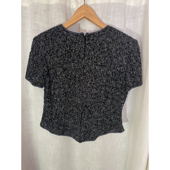 Vintage Papell Boutique Evening Beaded Top Black and Silvery Floral Beads Large - Picture 3 of 5